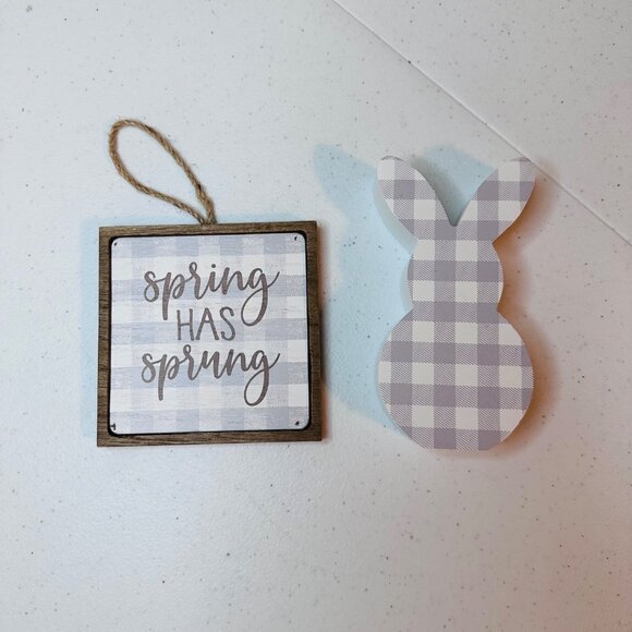 SPRING HAS SPRUNG small wood sign AND Easter Bunny springtime tiered tray decor - Picture 2 of 15